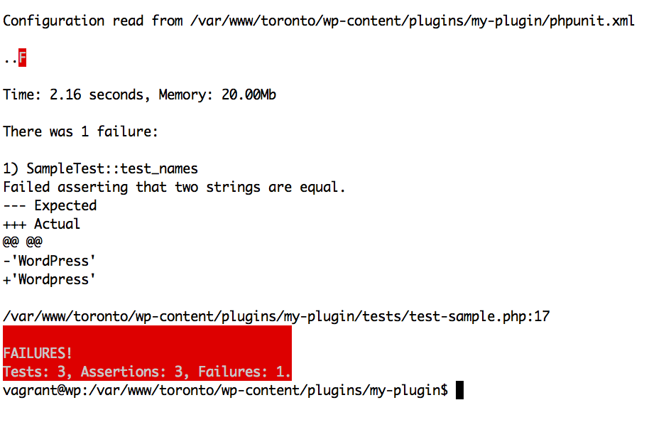 Output of phpunit after running a failed test