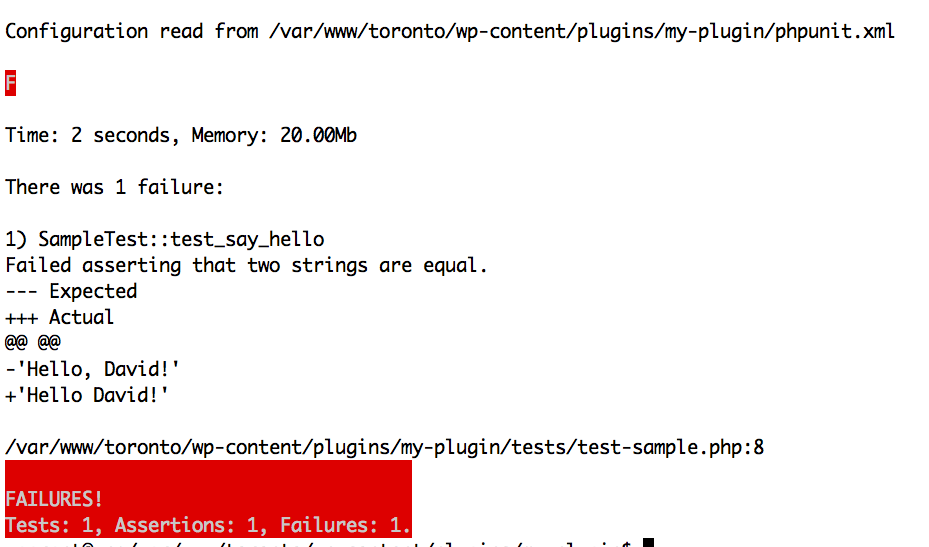 Output of phpunit after running a failed test with custom code